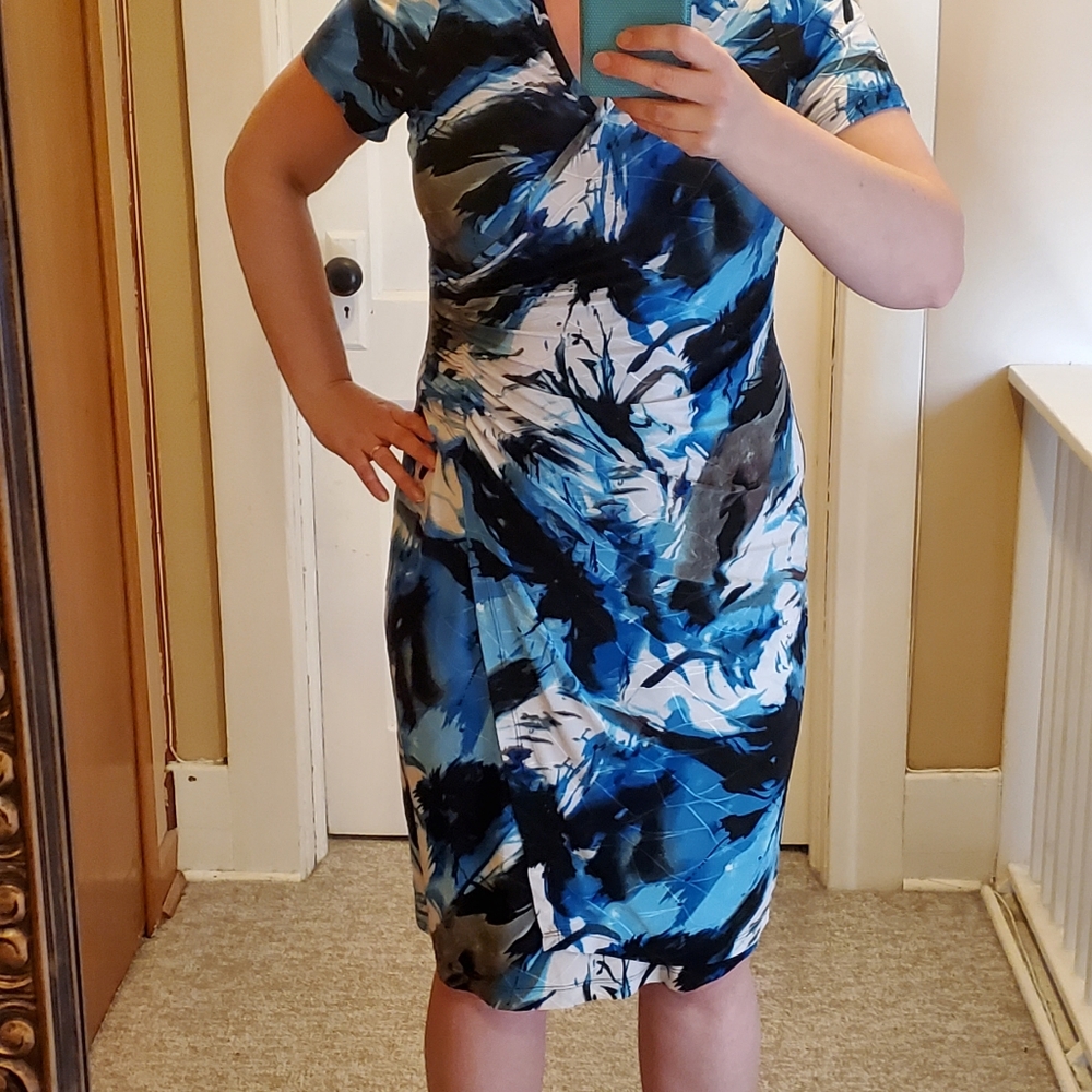 Designs by S.A.D. Blue Wrap Dress Medium Stretchy Short Sleeve